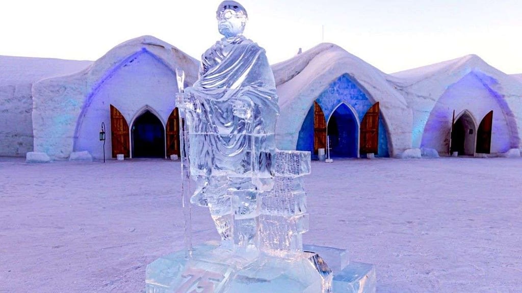 Canada's famed 'Hotel de Glace' pays tribute to Gandhi by installing his ice sculpture 1 The ice sculpture of Mahatma Gandhi at Hotel de Glace